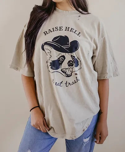 Distressed Raise Hell & Eat Trash Oversized Graphic Tee