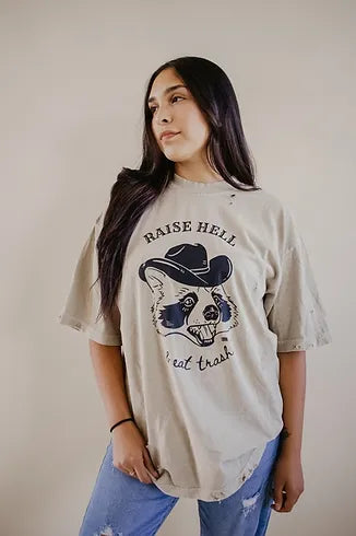 Distressed Raise Hell & Eat Trash Oversized Graphic Tee